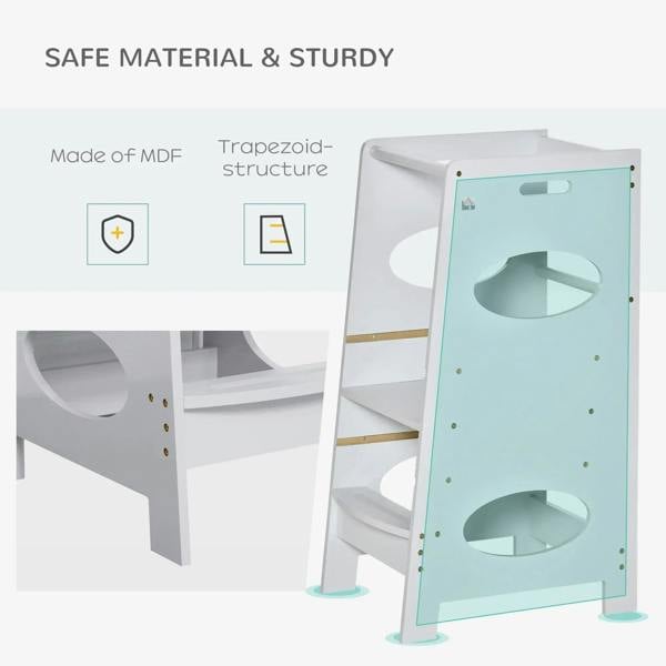 Kids step stool tower with large side cutout and sturdy shelves, white frame