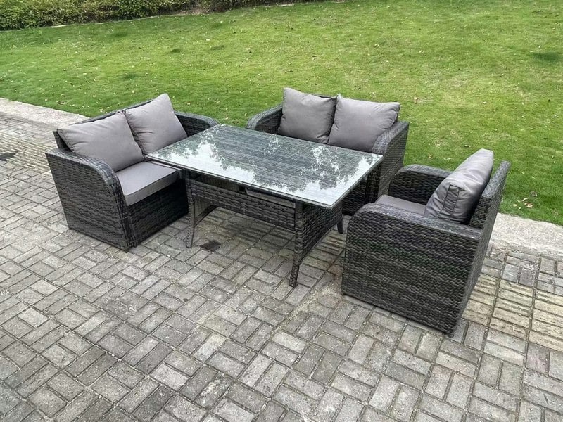 Fimous Dark Grey PE Wicker Rattan Garden Furniture Set Reclining Chair Love Sofa 2 Seater Sofa Set Outdoor Rectangular Dining Table 5 Seater