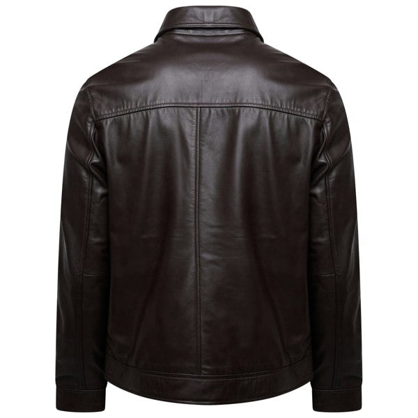 Barneys Originals Men's Brown Leather Patch-Pocket Harrington Jacket