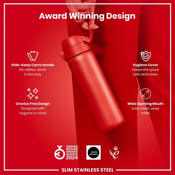 A red, slim stainless steel water bottle is being held; its features, including a hide-away handle, crevice-free design, hygiene cover, and wide mouth, are highlighted against a red background. The bottle is an award-winning design.