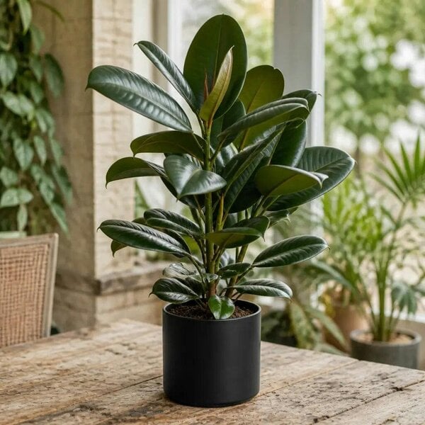 Ficus Robusta Rubber Plant – Elegant Glossy Green Foliage Indoor Houseplant - Sofia Matt Black Ceramic