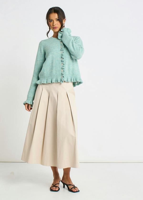 Gini London Green Long Sleeve Ruffle Front Cardigan