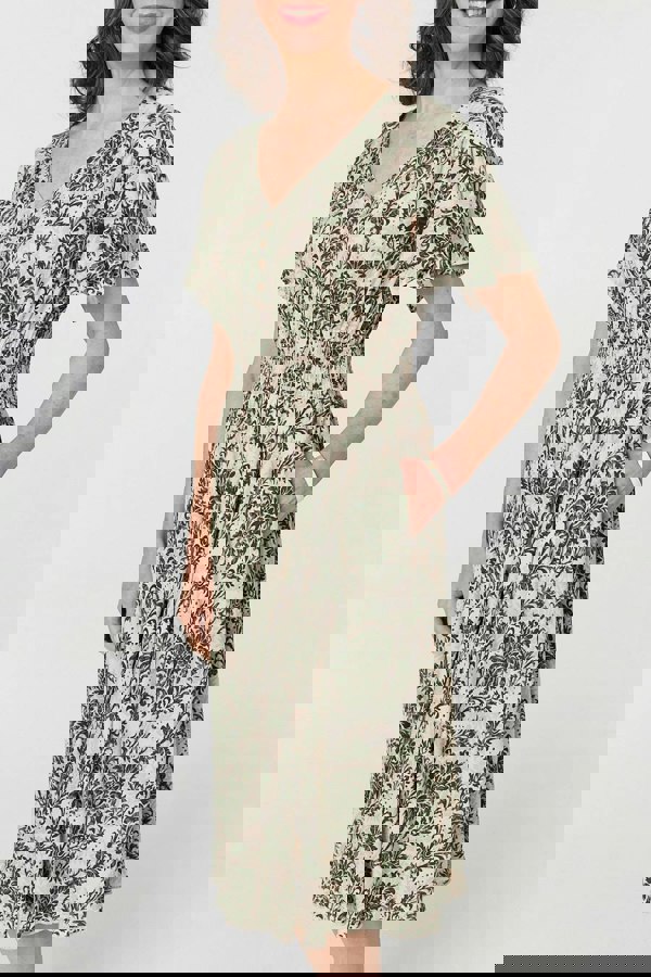 Green | Printed Smocked Short Sleeve Midi Dress
