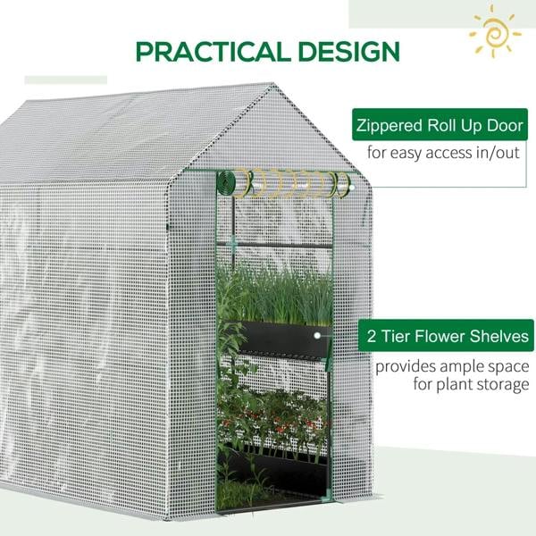White walk-in greenhouse with zipped roll-up door and two-tier flower shelves