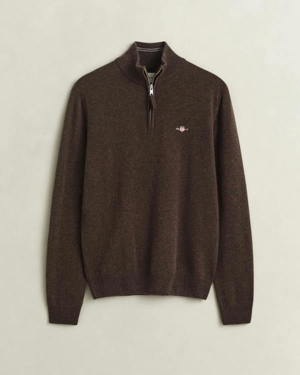 GANT Mens Superfine Lambswool Half Zip Sweater - 280 Dark Brown Melange | CHO | Designer Mens Half Zip Jumpers