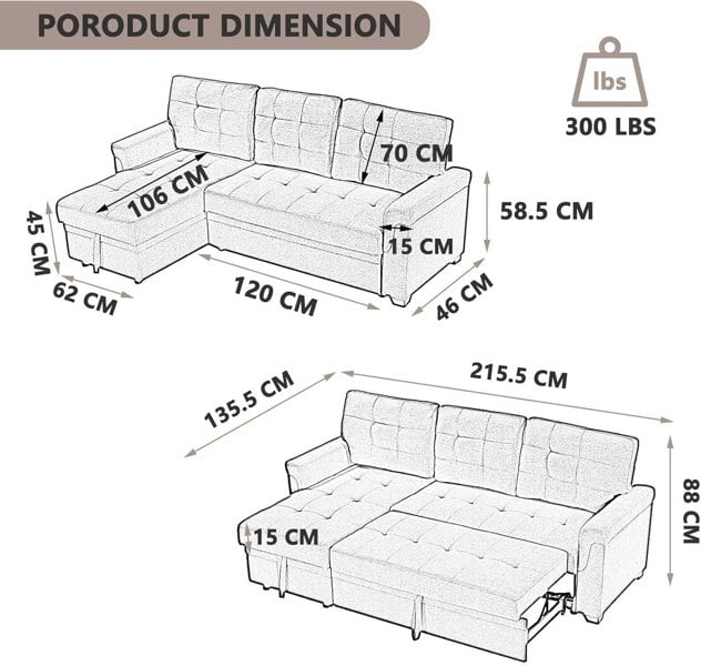 Furniture One L Shapred Corner Sofa Bed with Storage, Padded Sectional Transformable Sofa & Reversible Storage Chaise