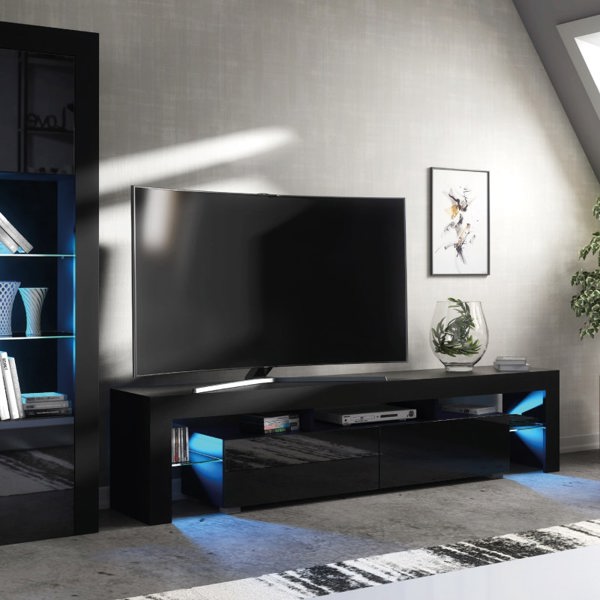 Mex Furniture Sleek 200cm TV Unit Modern Cabinet TV Stand Black High Gloss Doors with Free LED