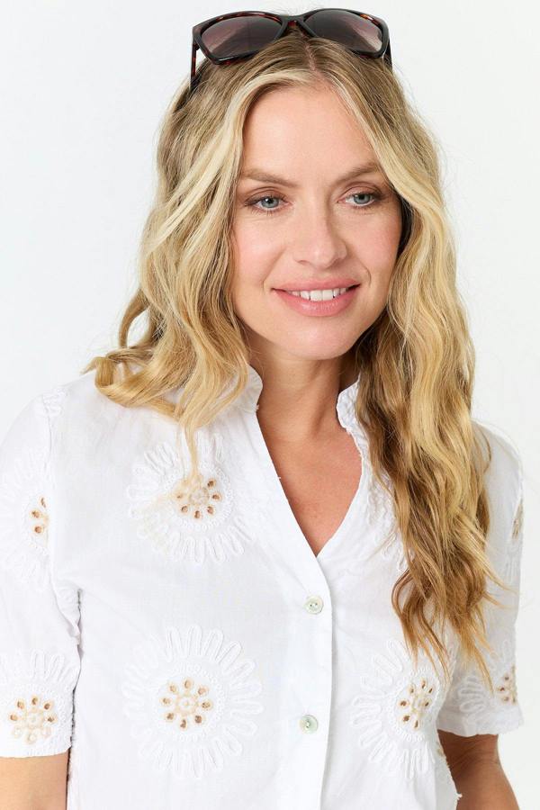 White | Embroidered Texture V-Neck Blouse