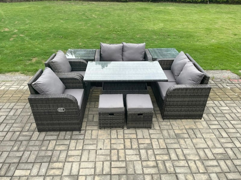 Fimous Wicker PE Rattan Furniture Garden Dining Set Outdoor Height Adjustable Rising lifting Table Love Sofa Chair With 2 Side Table Stools