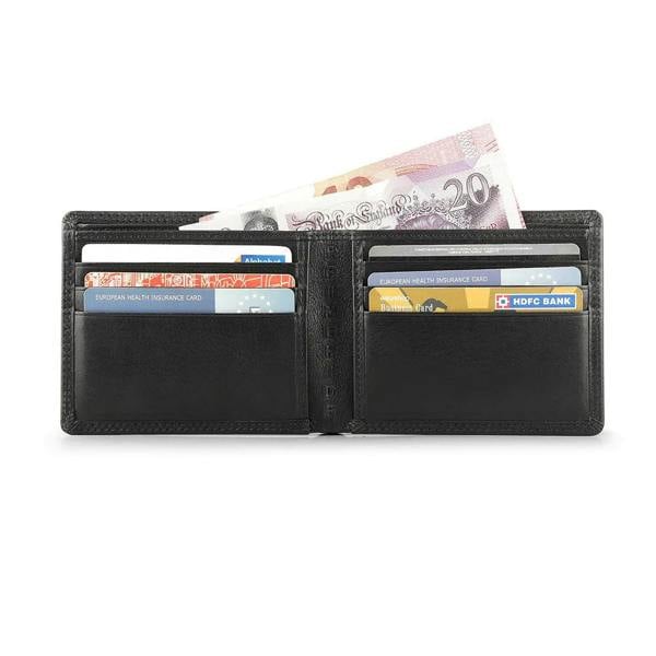 Men’s black leather bifold wallet open showing card slots and note sections