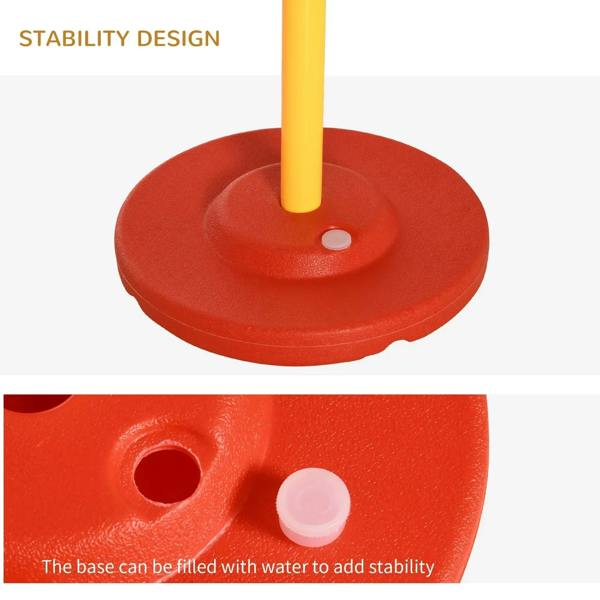 Yellow pole stability base with red round weighted base and filling hole