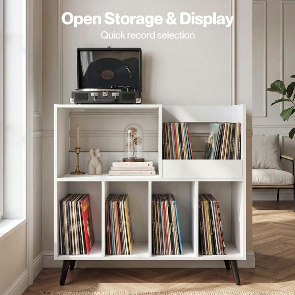 Levede Record Player Stand 300+ Album Storage Turntable Cabinet Rubber Wood White