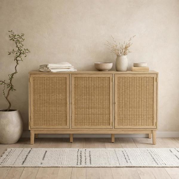 Wyld Haus Waterford Oak Wood and Rattan Large Sideboard 3 Doors