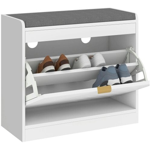 Wyld Haus Baniri White Wood and Grey Upholstered Entryway Shoe Bench With Flip Drawer
