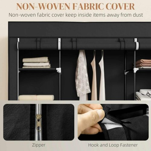 Portable Wardrobe, Foldable Fabric Wardrobe, 150 x 43 x 162.5cm, Clothes Storage Organiser - Hanging Rail, Shelves, Fabric Cover, Black