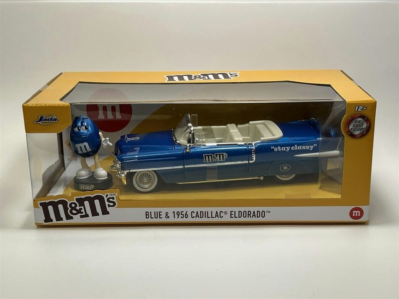 Jada M&M's Blue Figure and 1956 Cadillac Eldorado 1:24 Scale 33726 253255067