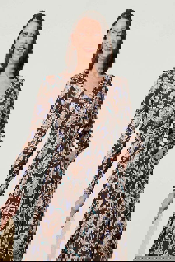 Brown | Floral Long Sleeve V-Neck Maxi Dress