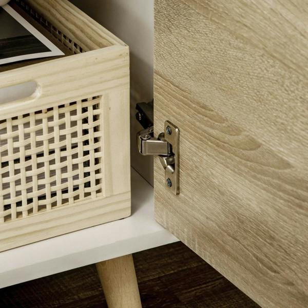 TV stand storage door hinge and handle hardware on natural wood-effect panel.