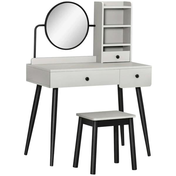 Gray dressing table with round mirror, open shelves, three drawers, and stool.