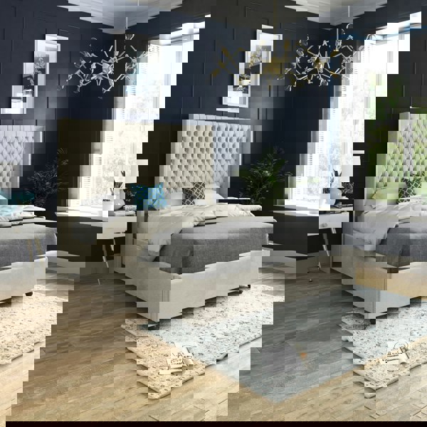 Casa Magna Volta Straight Winged Upholstered Soft Velvet Bed Frame - Cream