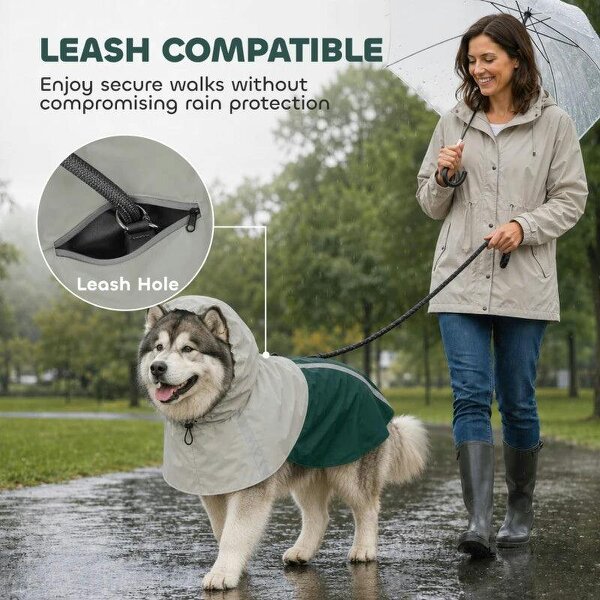 Dog Raincoat with Hood, Waterproof & Breathable Rain Jacket with Leash Hole, for Extra Large Dogs, Green, XL