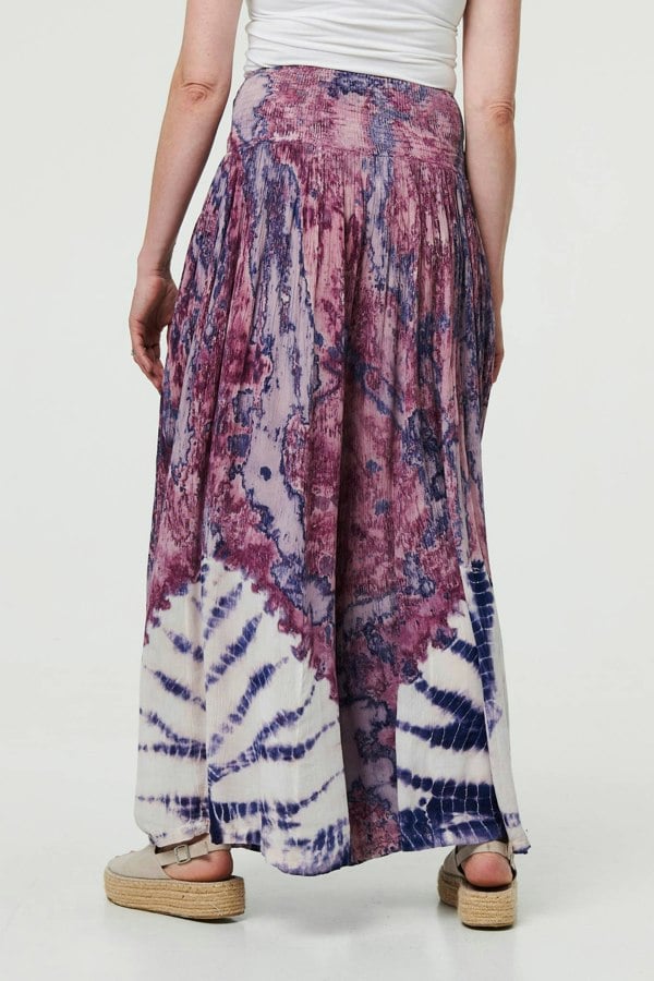 Purple | Tie Dye High Waist Shirred Wide Trousers
