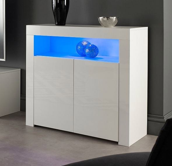 MMT Furniture Designs Modern Sideboard White Matt Gloss Buffet Plate Storage Cabinet with Blue LED Lights