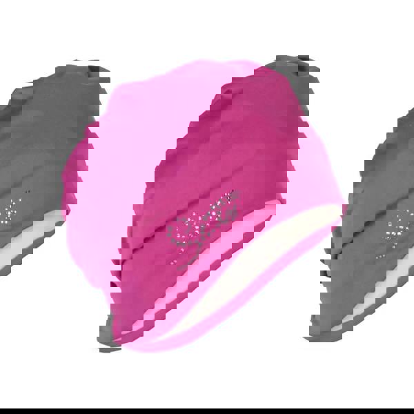 Pink beanie-style applique fabric swim cap with white lining and rhinestone logo