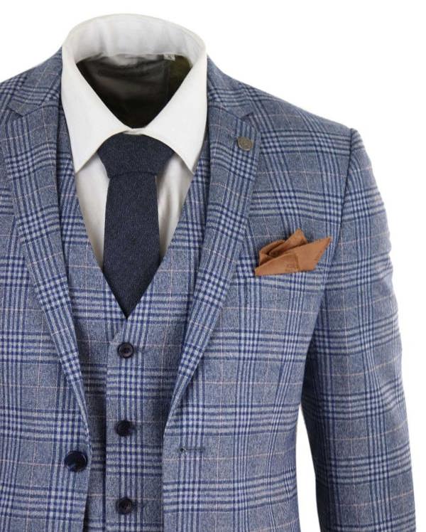 Paul Andrew Mens 3 Piece Blue Grey Tweed Check Vintage Retro Suit