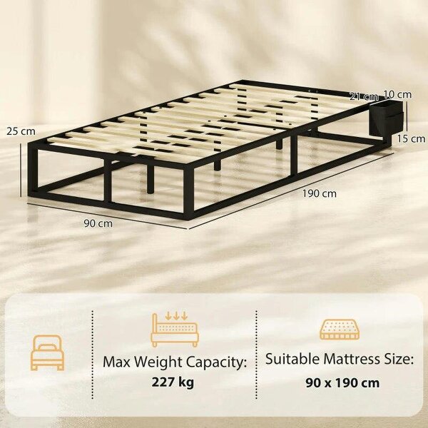 12 Slats Metal Platform Bed Frame, 3ft Single Bed Frame with Storage Bag and Anti-Slip Pads, Black