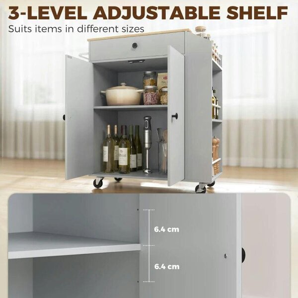 Rolling Kitchen Island with 3-Tier Spice Rack, Kitchen Storage Cart with Drawer and Towel Rack, Light Blue