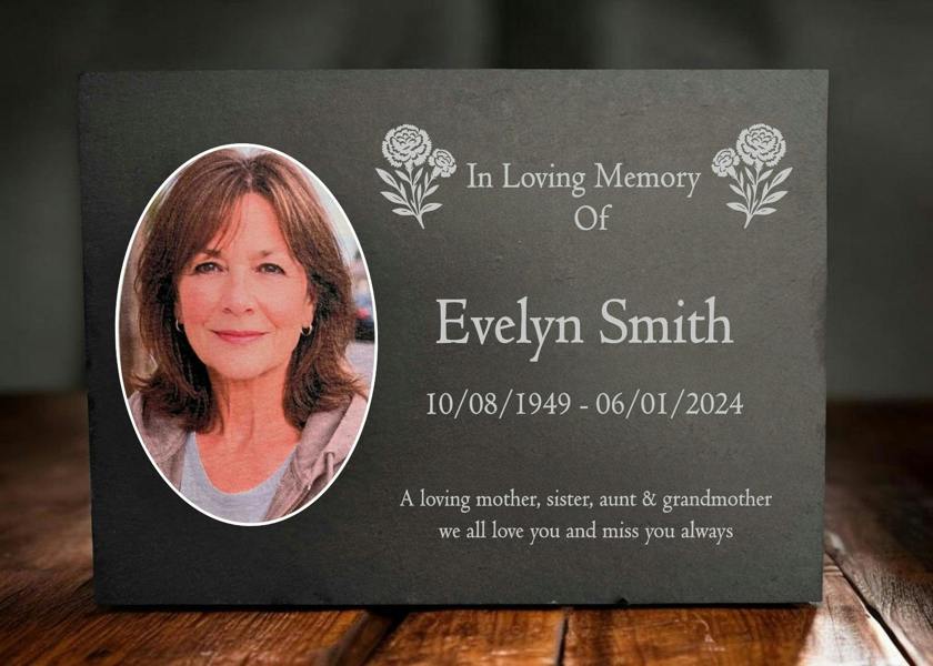 Memorials Direct Photo Slate Memorial Plaque,  Carnation, Add a Portrait & Personalised Text | 35×25cm (14×10”)