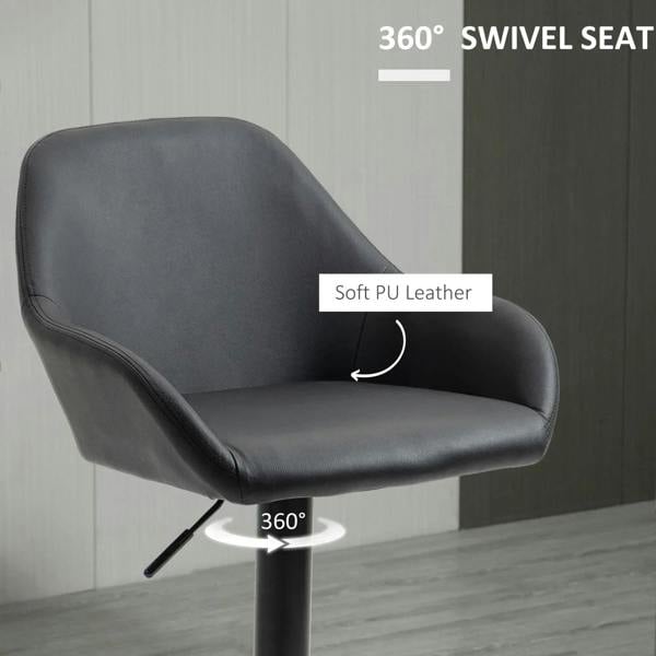 Black 360° swivel bar stool with soft PU leather seat, curved back, and armrests
