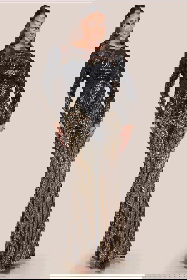 Long Sleeve Aztec Sequin Maxi Dress - Gold DR3490PLUS