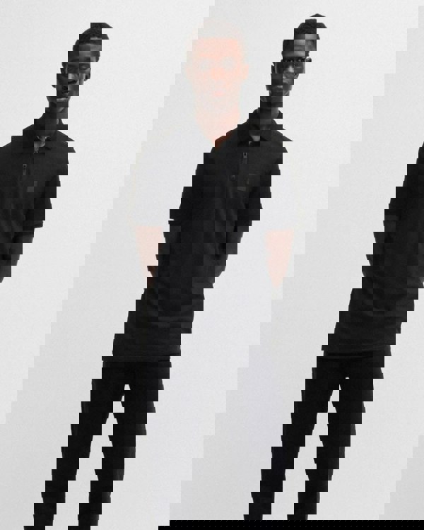 BOSS Orange Passerzip Mens Zip Placket Polo Shirt - Black 001 - CHO - Designer Mens Short Sleeve Polo Shirts