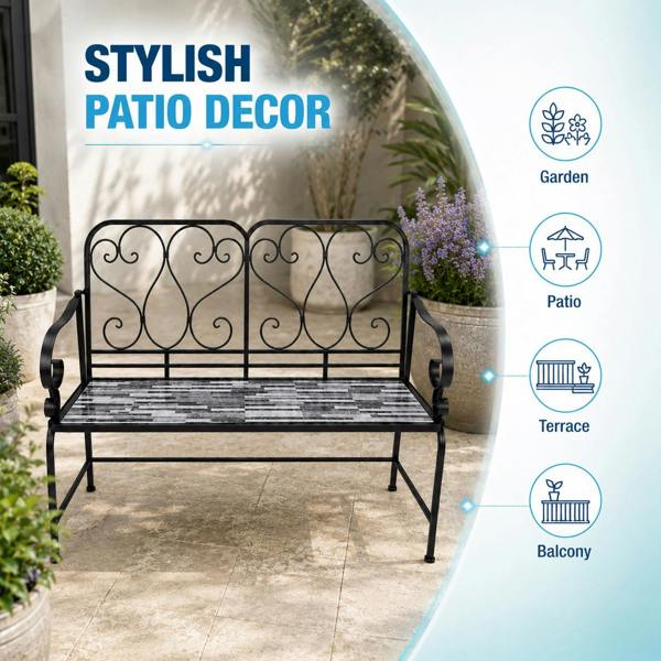 Cascade Mosaic 2 Seater Garden Bench, 112cm Outdoor Patio Seat with Ceramic Tile Seat, Scrollwork Backrest & Metal Frame image 9