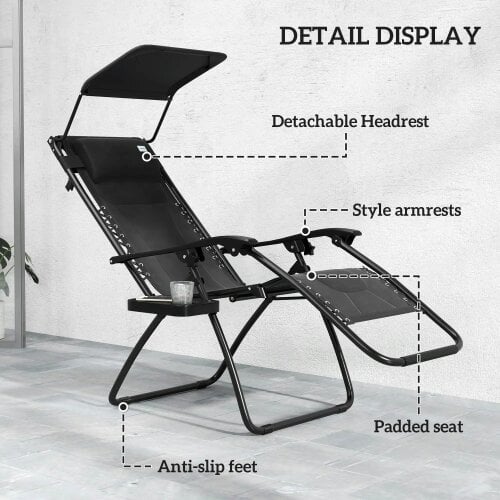Bobobiy Zero Gravity Lounger Chair Set of 2, Folding Reclining Patio Chair with Shade Cover, Soft Cushion and Headrest for Poolside, Black