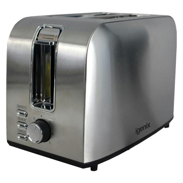 The Igenix 2 Slice Toaster (650W) features 6 browning levels with a control dial, wide slots, crumb tray, cord storage, and three buttons for defrost, reheat, and cancel.