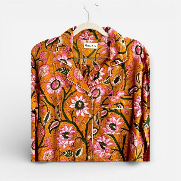 Hayley & Co Mustard Yellow Block Print Floral 100% Cotton Long Pyjama Set