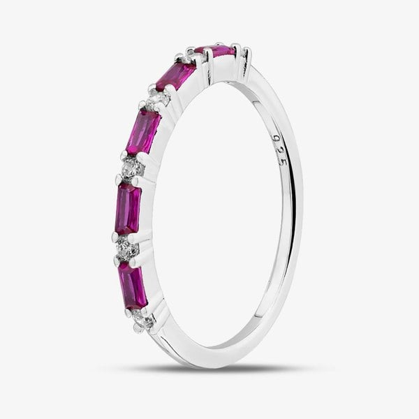 T. H. Baker Sterling Silver Red Baguette & Brilliant Cut Cubic Zirconia Half Eternity Ring S2209