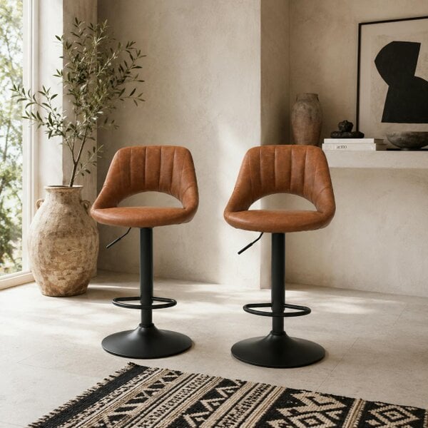 Wyld Haus Palosa Set Of 2 Brown Faux Leather Swivel Bar Chairs With Backrest And Footrest