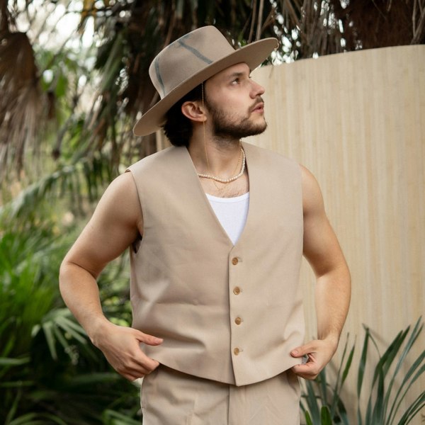 Shaded The Label Zennor Beige Painted Wool Fedora Hat with Sterling Silver Jewellery