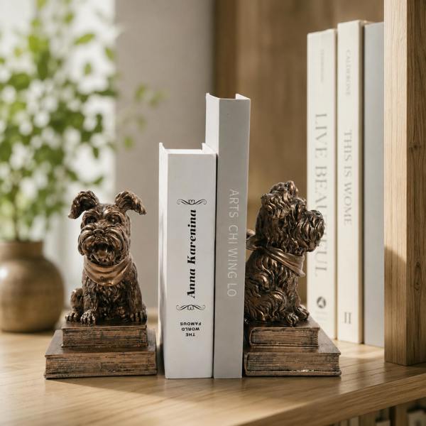 Maison des Cadeaux Bronze Effect Resin Dog Bookends, Vintage Animal Book Supports for Home Office, Library & Living Room Decor (Set of 2)