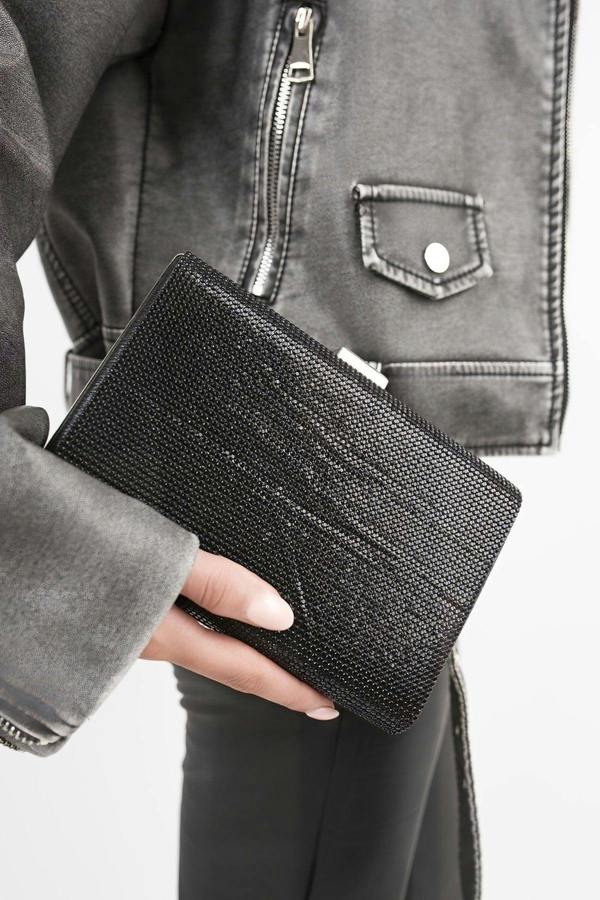 Zayana Diamanté Detail Box Clutch Bag With Chain Strap - Black