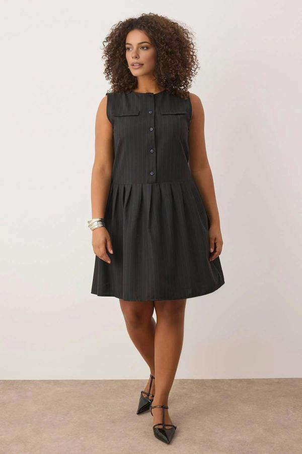 WOVCOR Striped Button Detail Mini Woven Plus Size Dress
