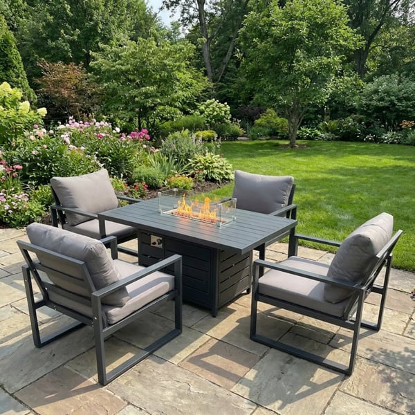Fimous 4 Seater Aluminum Garden Dining Set with Gas Fire Pit Table and 4 Chairs - Dark Grey