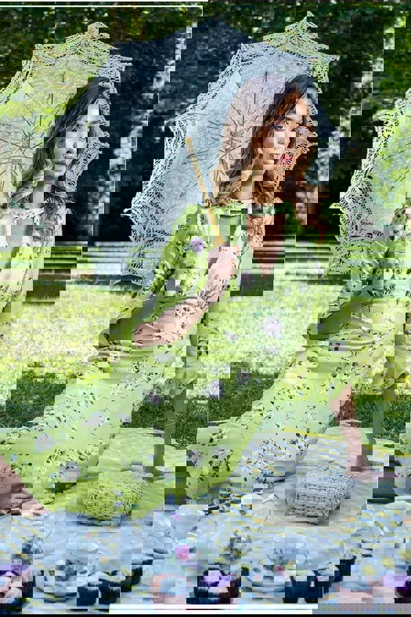 Floral Printed Flared Sleeve Midi - Sage Green DR4345