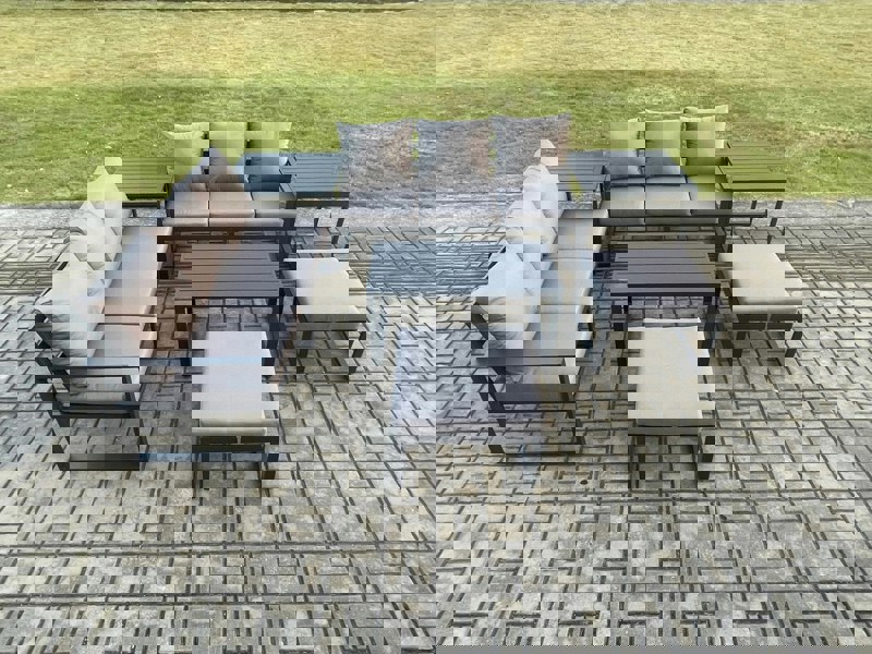Fimous Aluminium Patio Outdoor Garden Furniture Lounge Sofa Set with Oblong Coffee Table 2 Big Footstools 2 Side Tables Dark Grey