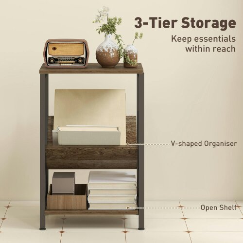 Wyld Haus Elfi Nere Wooden Oak Narrow Side Table With 3 Tier Storage and V Shaped Magazine Holder 40 x 30 x 61 cm