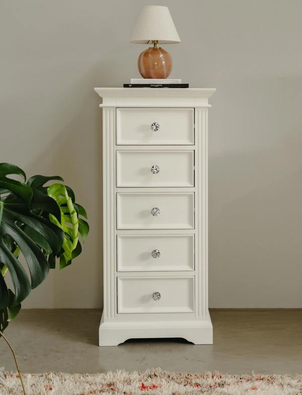 Gainsborough White Tallboy with 5 Drawers and Crystal Handles